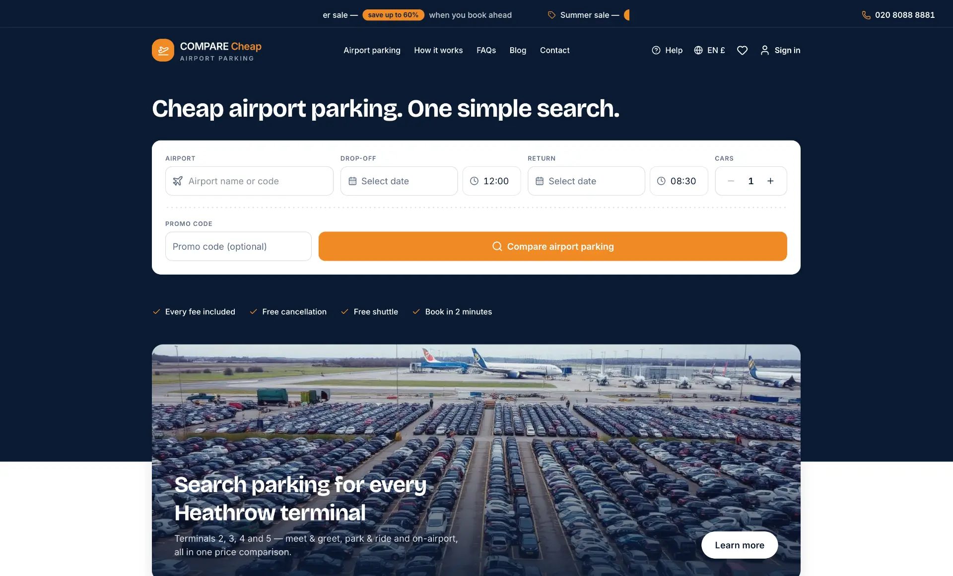 Neue, moderne Webseite von Compare Cheap Airport Parking im dunklen Premium-Design von Thundersite